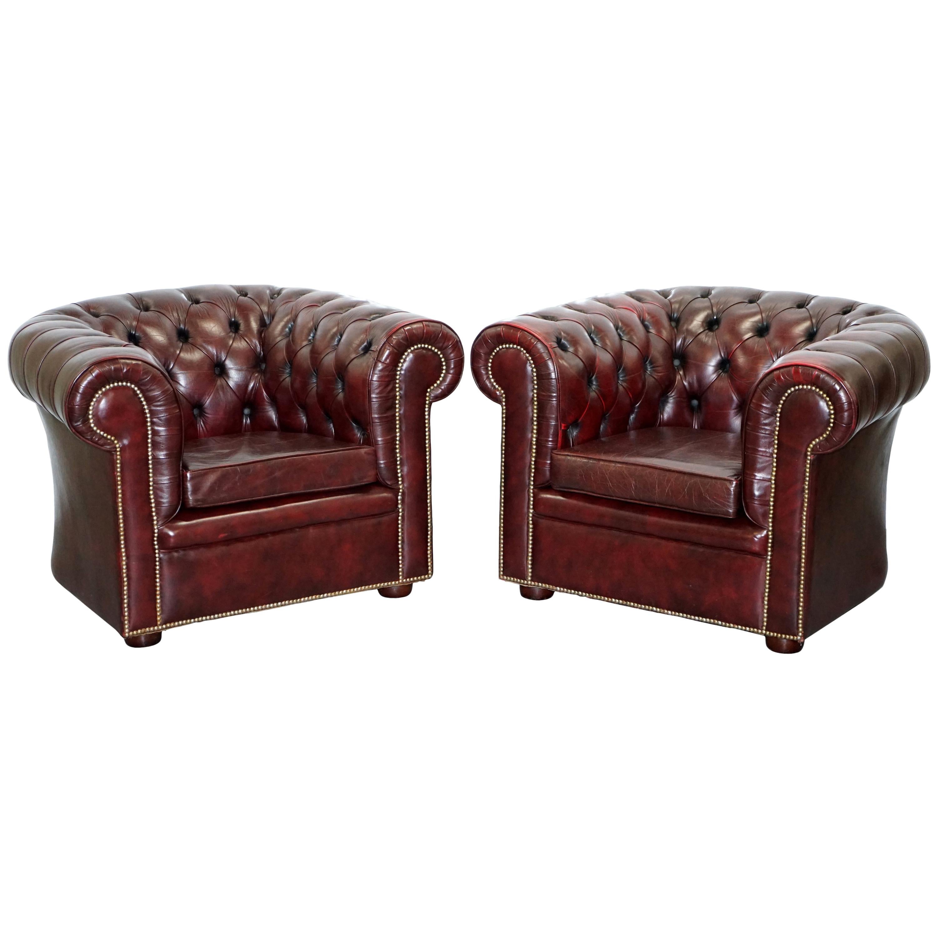 Pair of Vintage Oxblood Leather Hand Made in England Chesterfield Club Armchairs