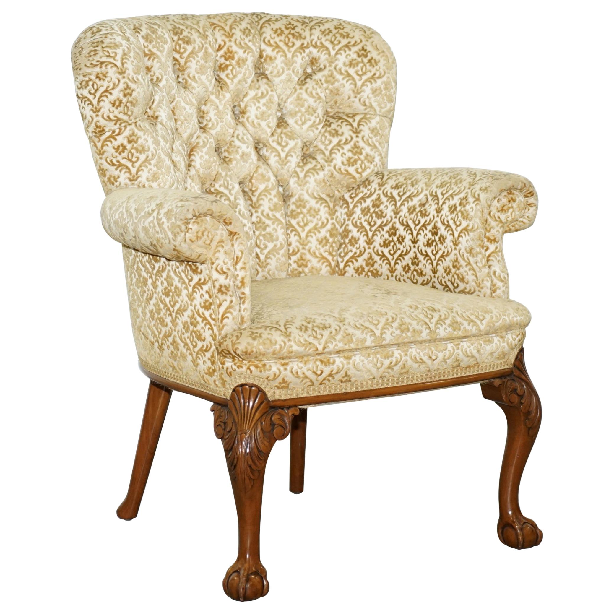 Walnut George II Style Claw and Ball Acanthus Carved Legs Chesterfield Armchair