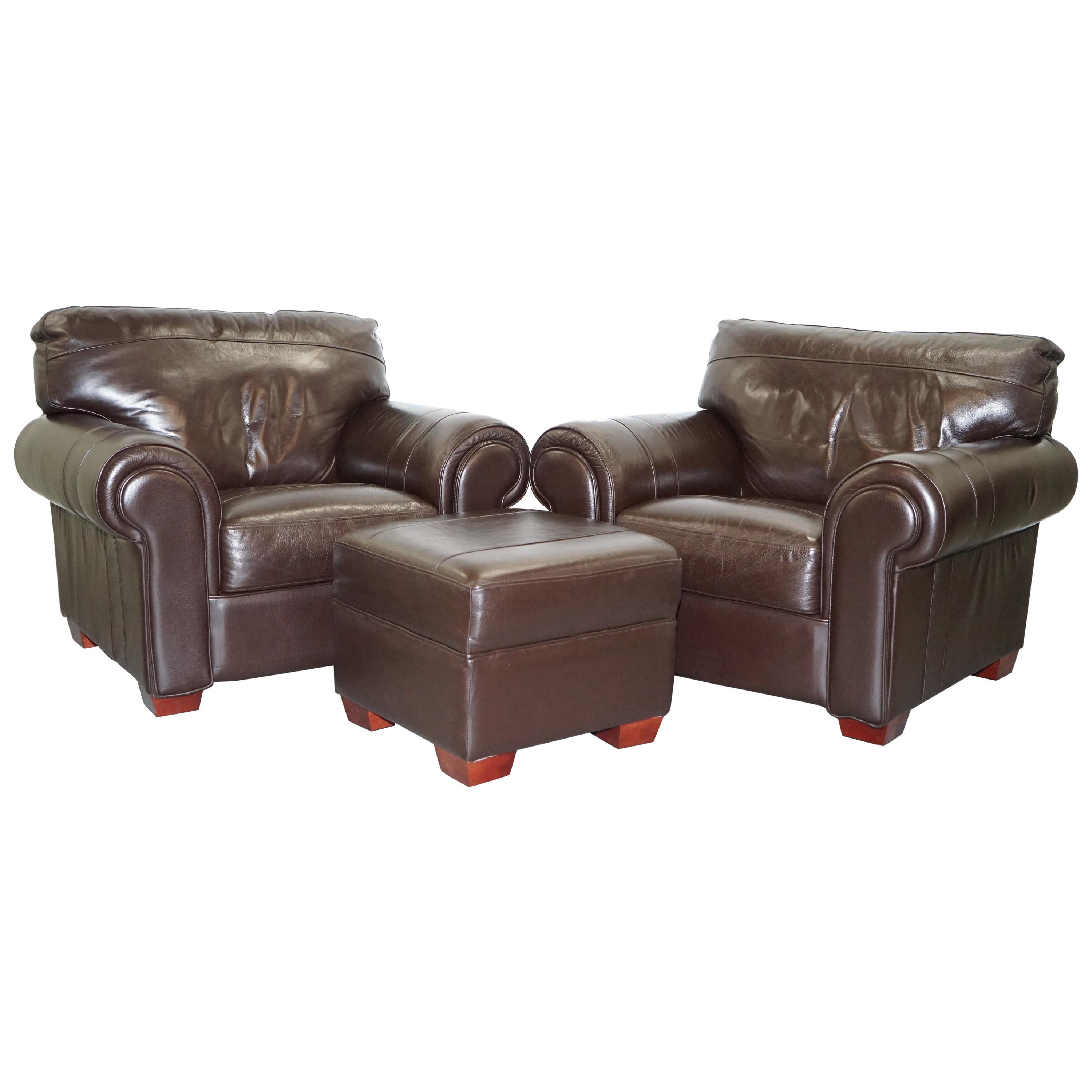 Pair of Large Comfortable Brown Leather Armchairs with Matching Footstool