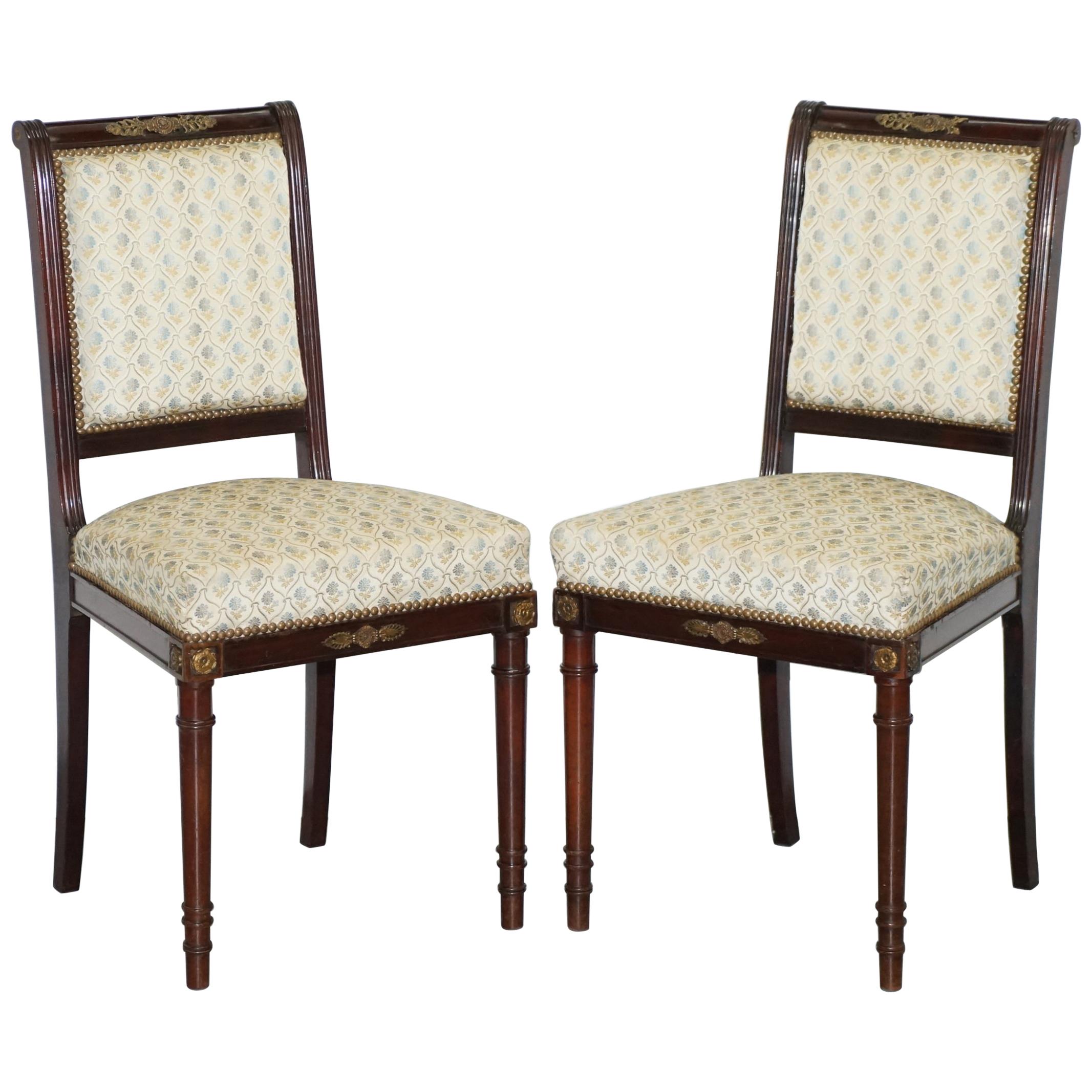 Vintage French Empire Mahogany Napoleon Style Dining Chairs Pair Ormolu Mounts