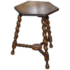 Small Edwardian English Oak Side, End, Lamp, Wine Table with Barley Twist Legs