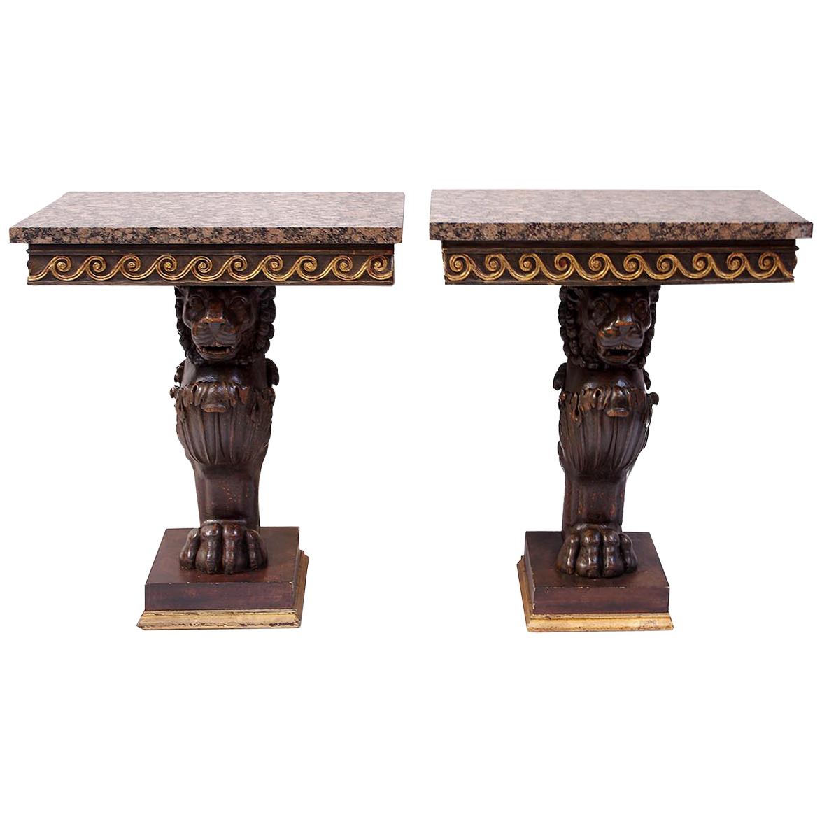 Pair of Lacquered Wood Pompeian Style Consoles with Lion Ornament