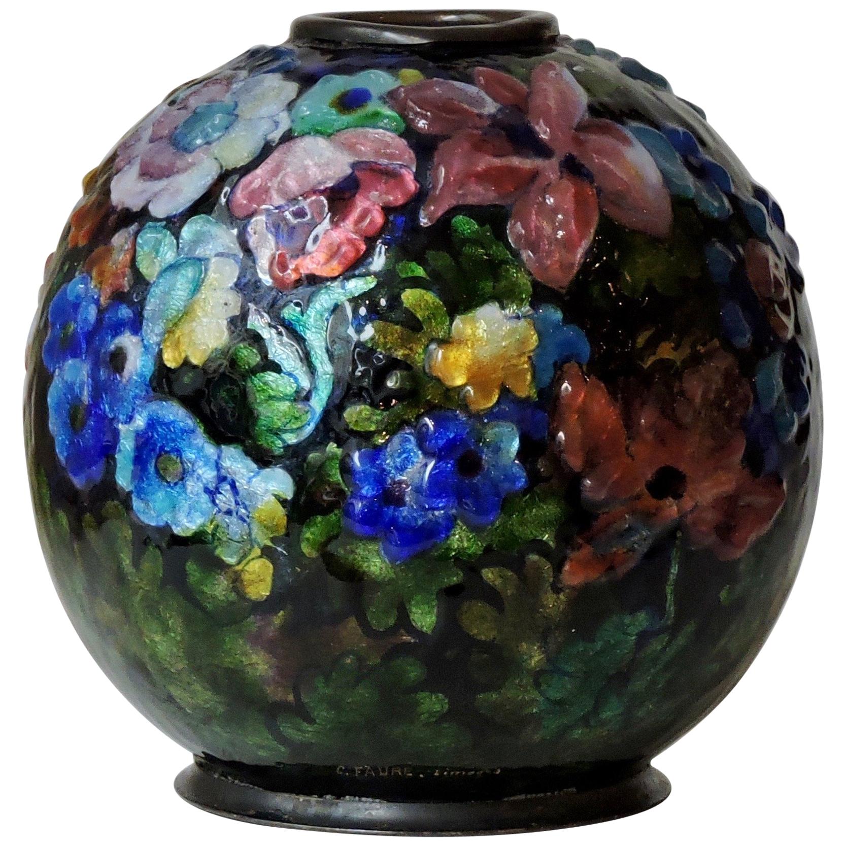 Camille Fauré Floral, Bunch of Flowers Enamel Vase, circa 1930
