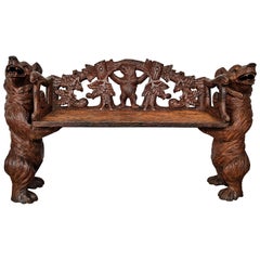 Mid-20th Century Black Forest Solid Carved Walnut Wood Hall Bear Bench
