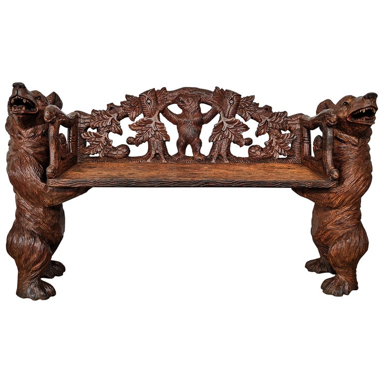 Mid 20th Century Black Forest Solid Carved Walnut Wood Hall Bear