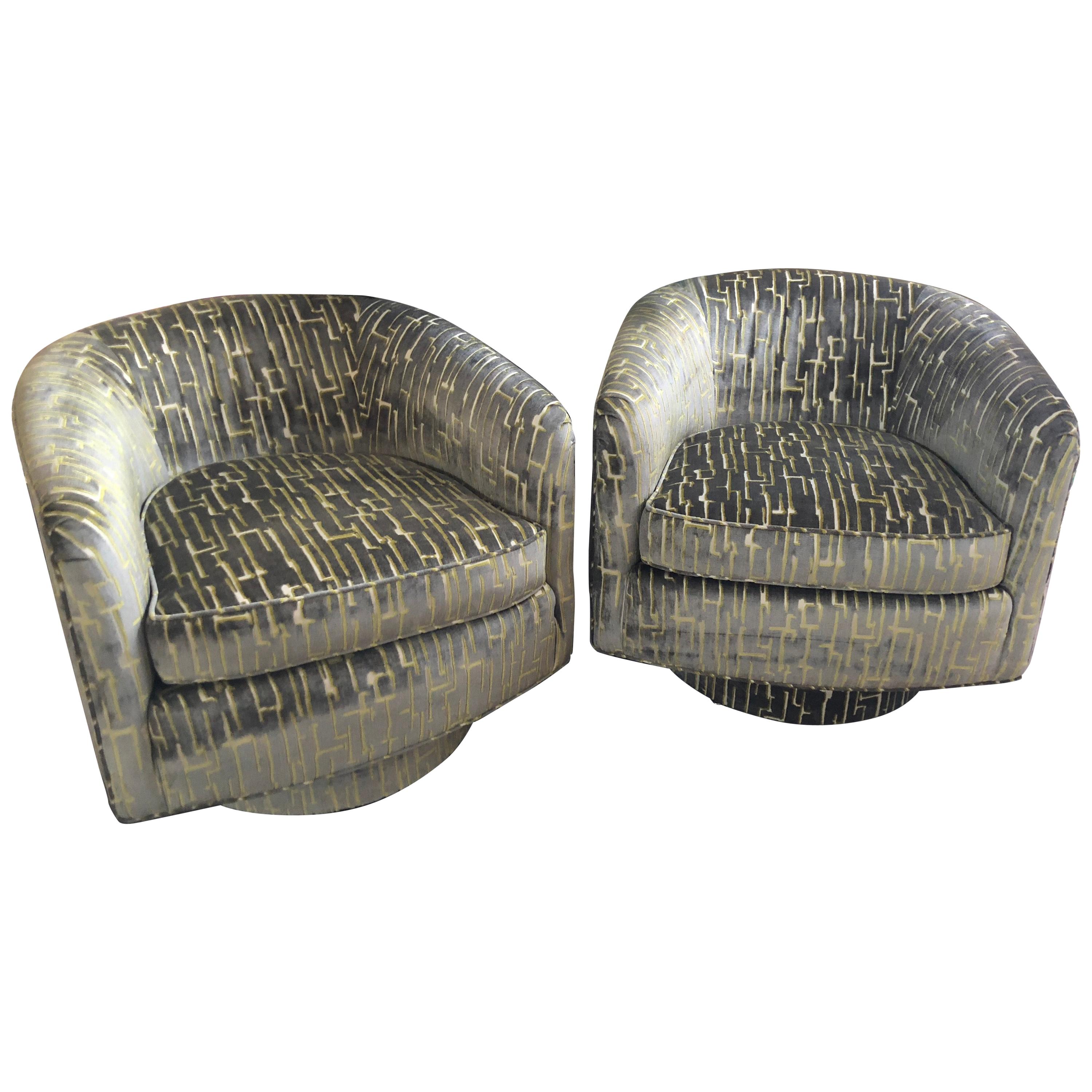 Pair of Milo Baughman Style Barrel Shaped Swivel Club Chairs