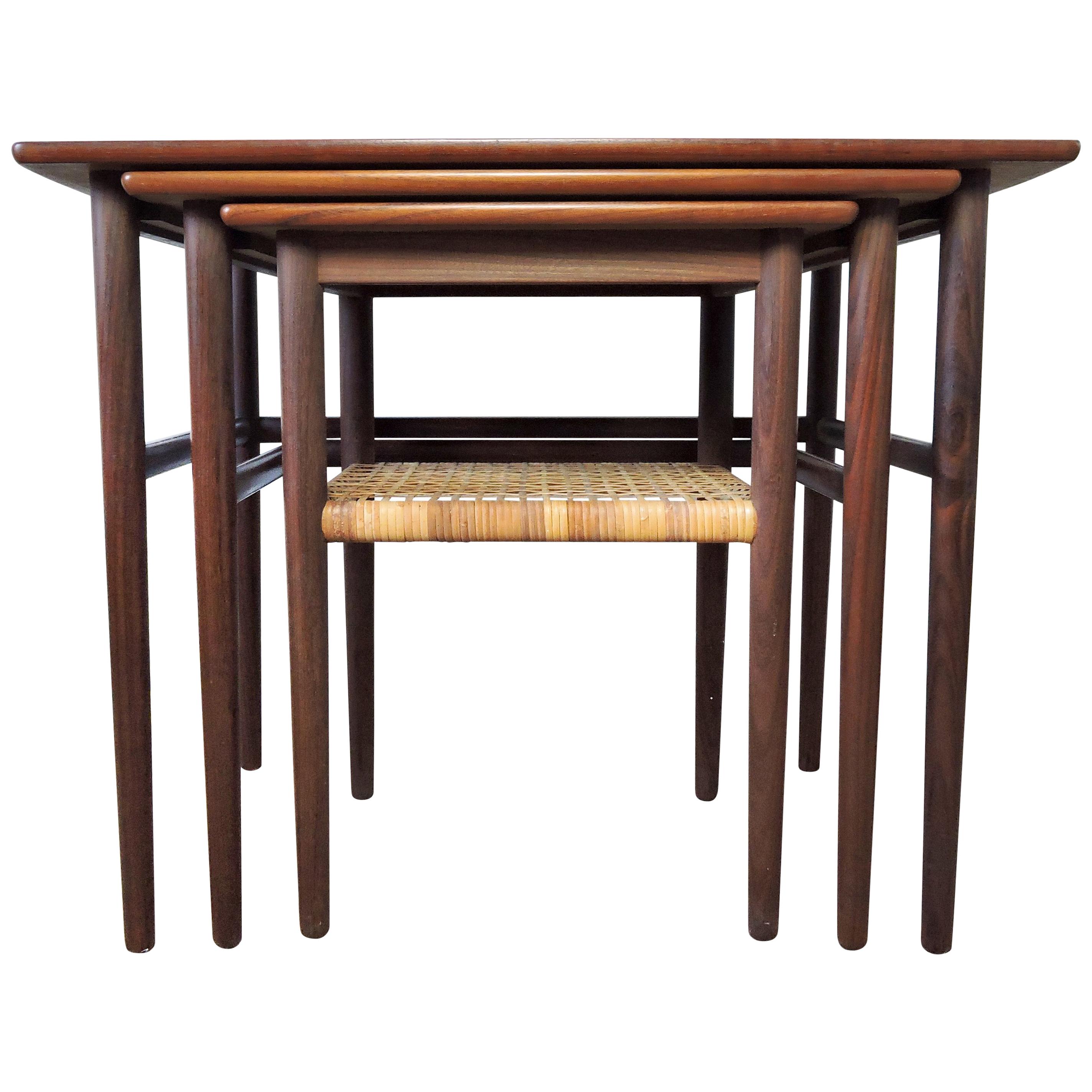 Midcentury Danish Teak and Cane Nesting Tables, 1950s For Sale
