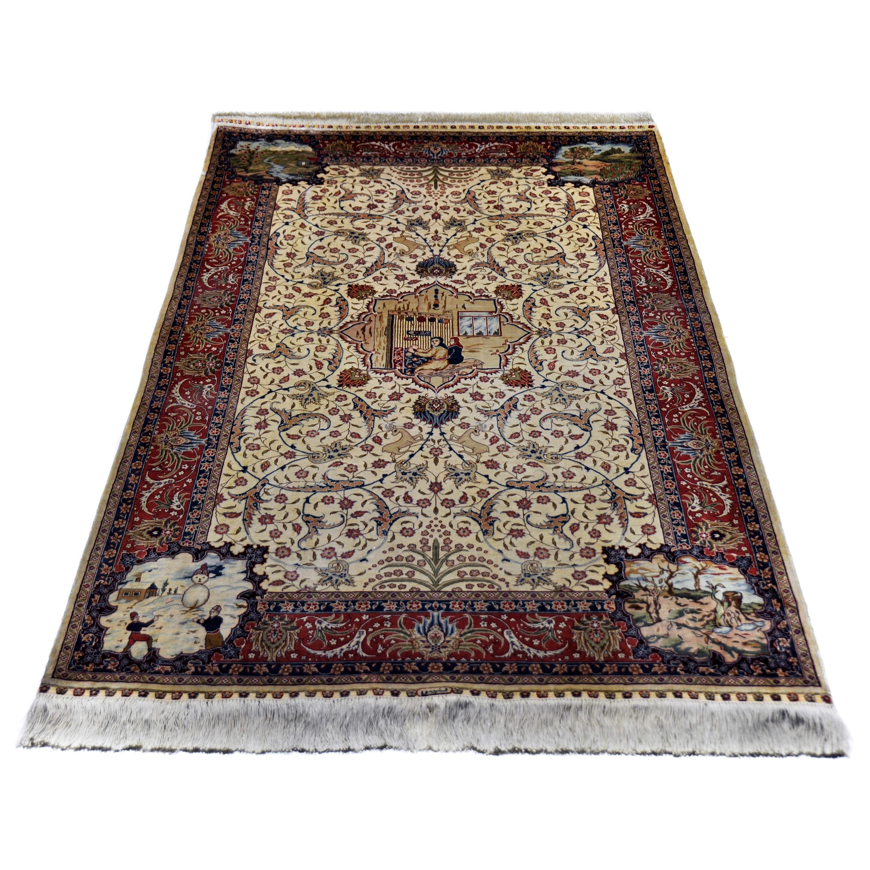 Antique Hand Knotted Silk Beige and Red - Rug - Carpet - Hereke with Flowers For Sale