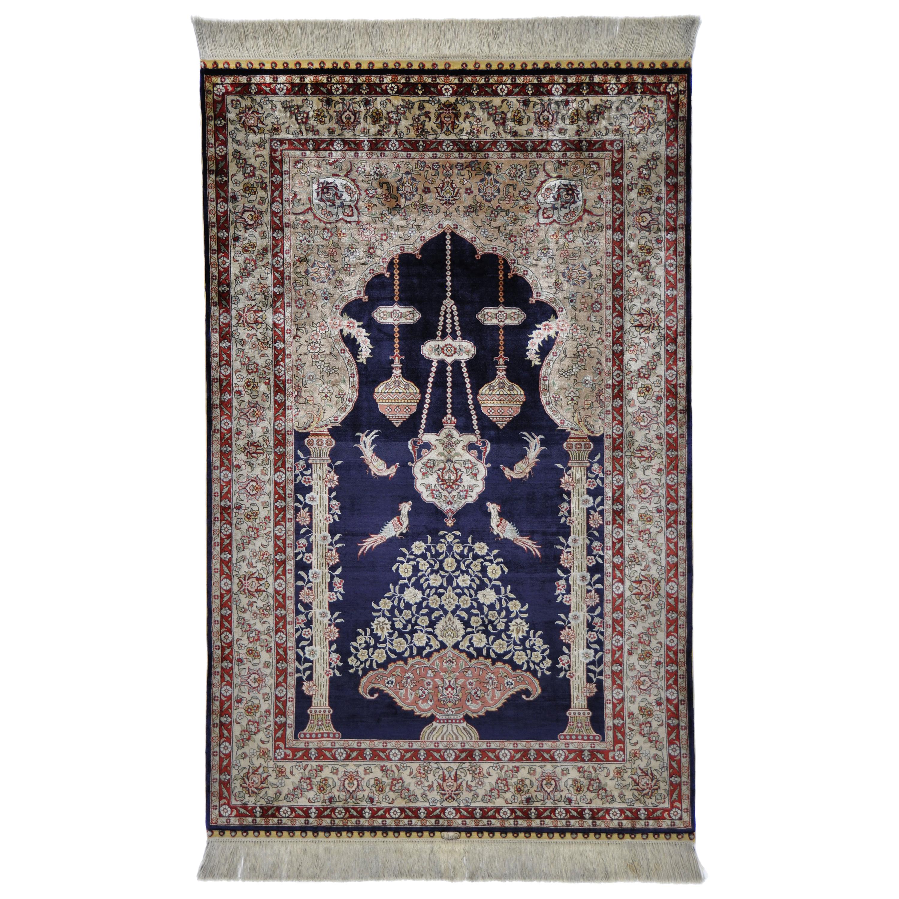 Antique Hand Knotted Silk Blue Beige and Red Rug Hereke For Sale