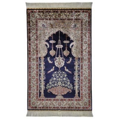 Vintage Hand Knotted Silk Blue Beige and Red Rug Hereke