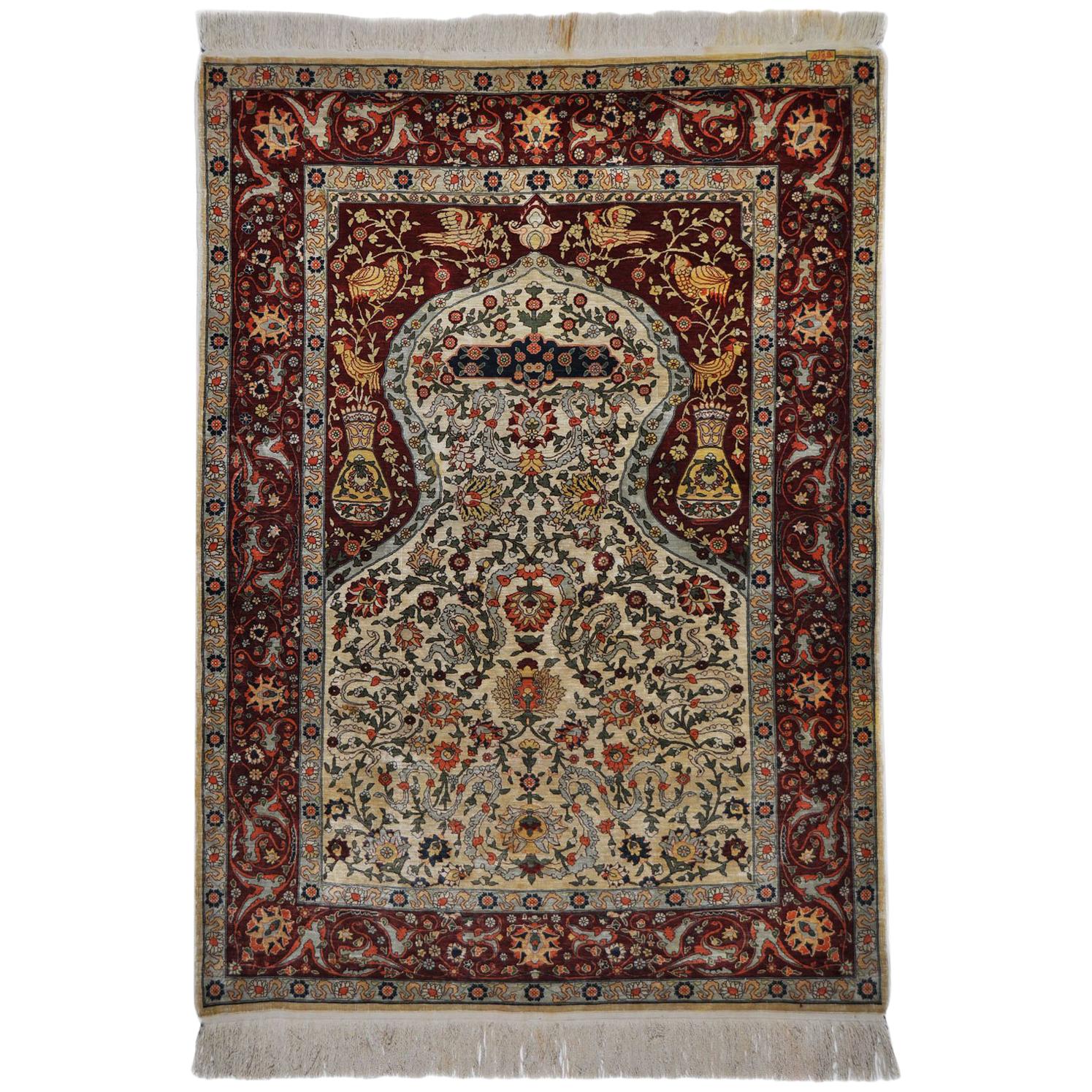 Antique Hand Knotted Silk Rug Hereke For Sale