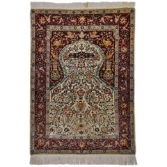 Antique Hand Knotted Silk Rug Hereke