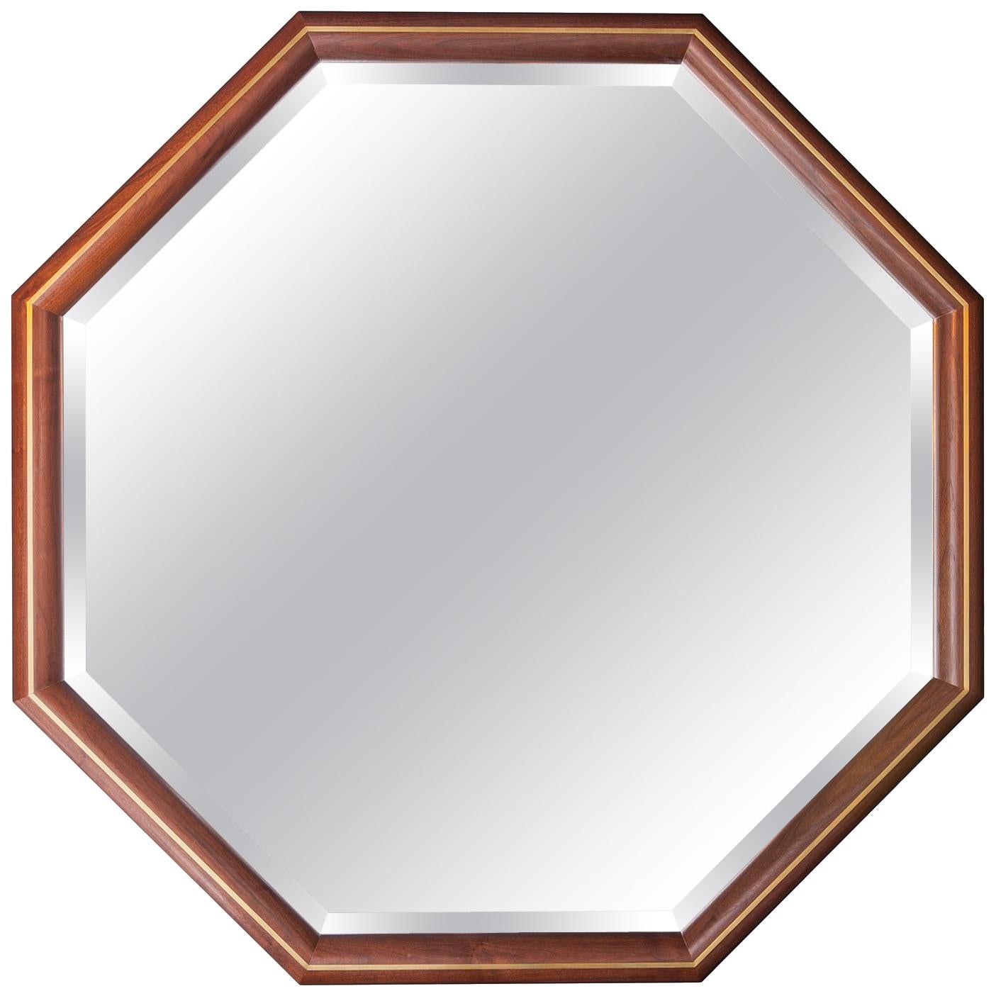 Walnut and Brass Inlay Octagon Framed Mirror