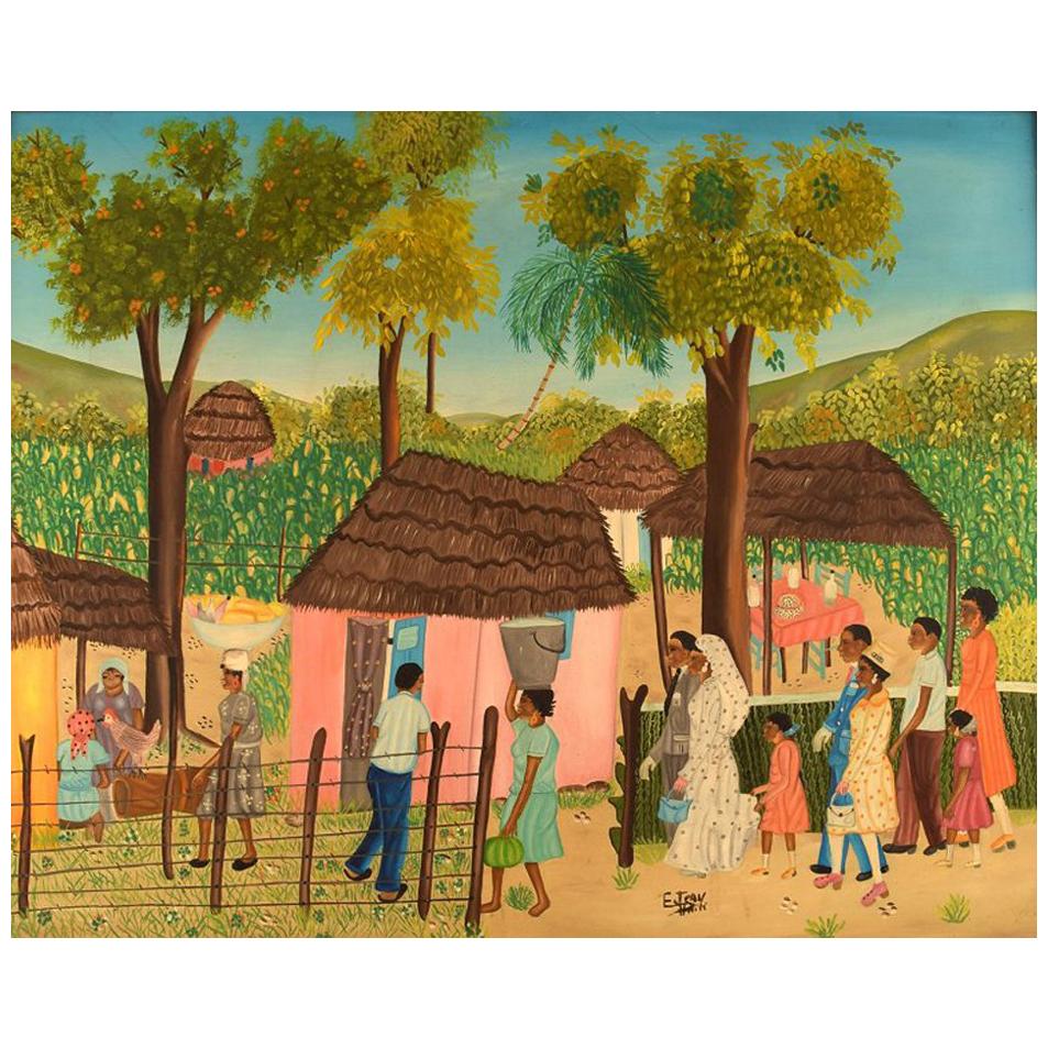 E. Jean, Haitian Artist, Naivist School, Oil on Board, Wedding Scene from Haiti
