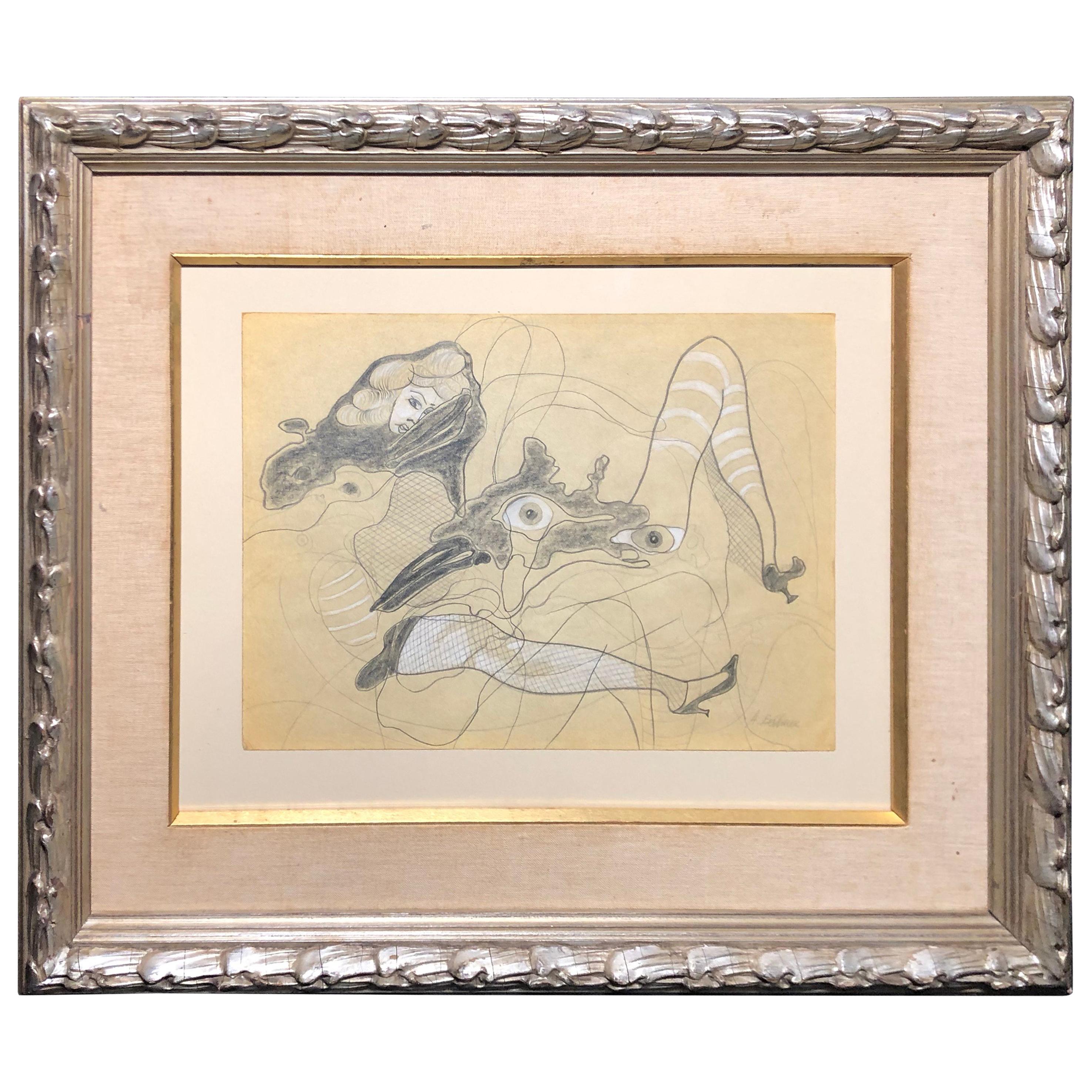 Hans Bellmer Pencil, Color Flange and White Goauche / Paper Nude For Sale