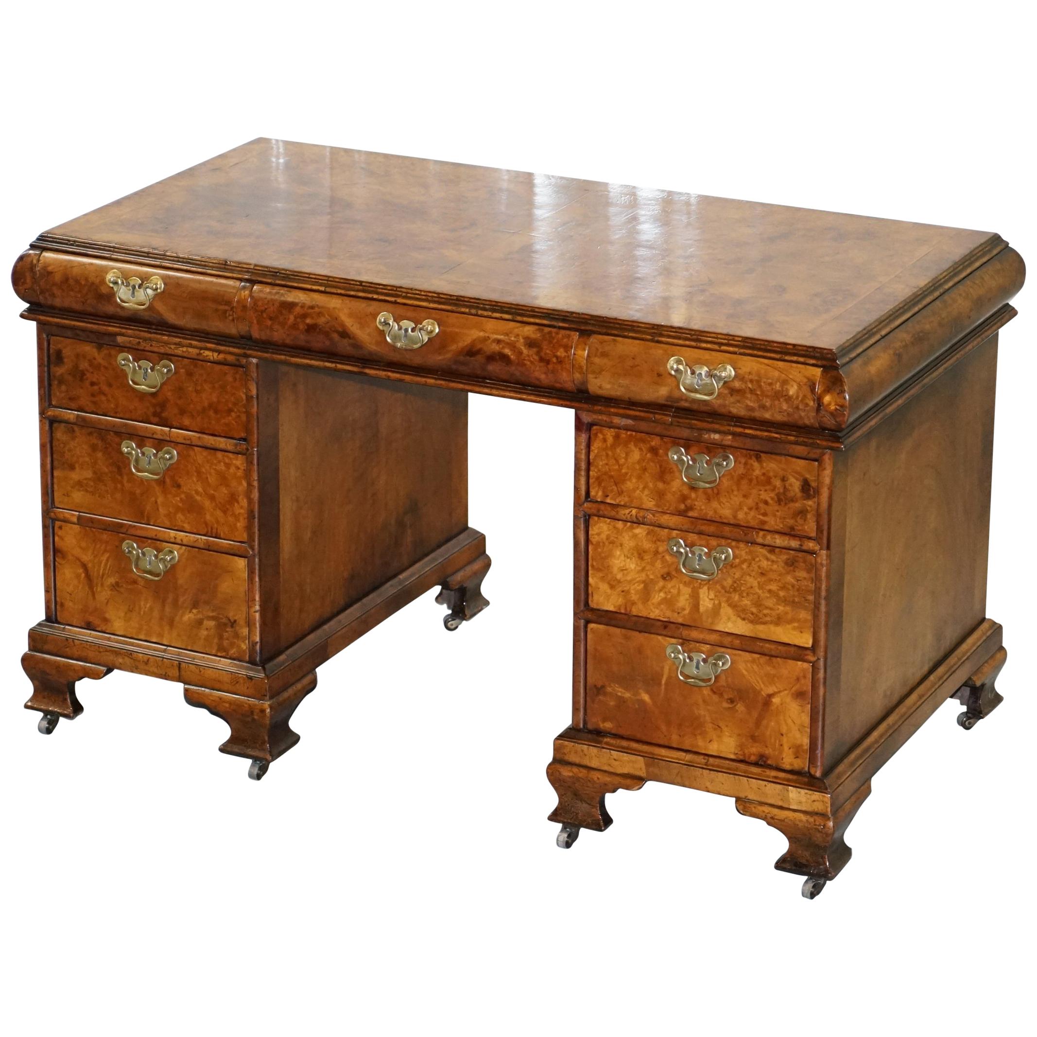 Extremely Rare Regency circa 1815 Solid Burr Walnut Curved Twin Pedestal Desk