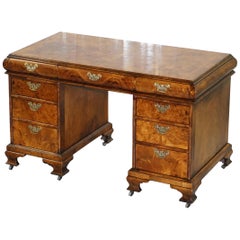 Extremely Rare Regency circa 1815 Solid Burr Walnut Curved Twin Pedestal Desk