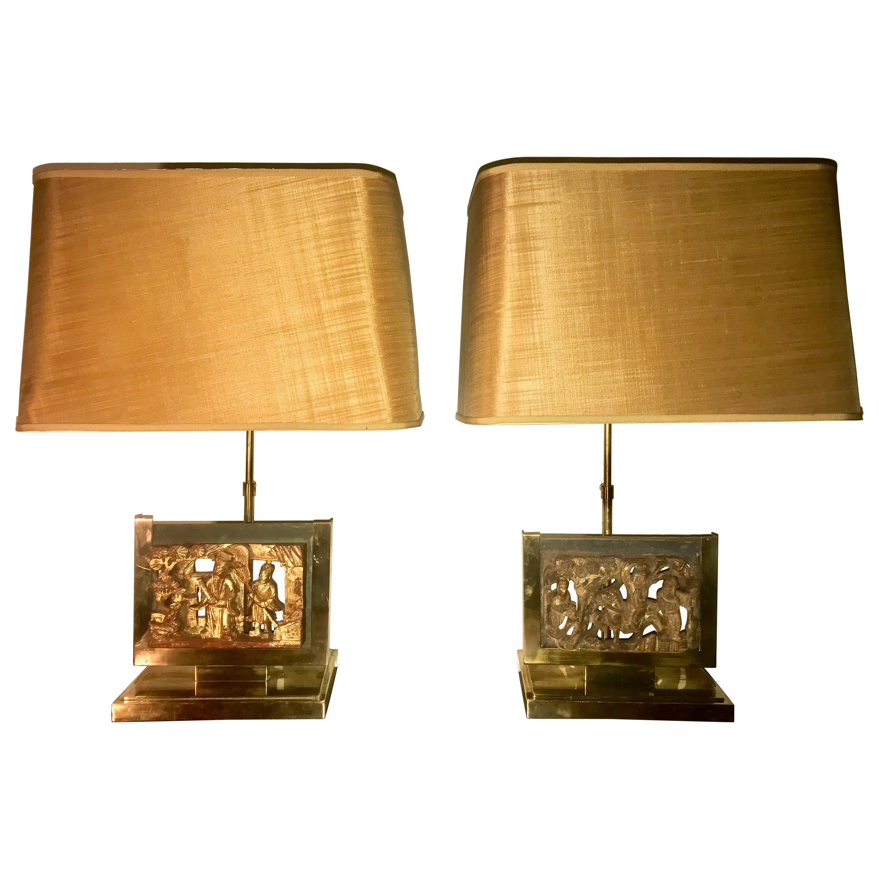 Pair of Midcentury Mod Brass Lamps with 19th Century Chinese Carved Wood Panels