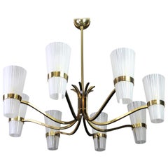 Huge Sunburst Brass and Glass Chandelier, Stilnovo Style, 1950s