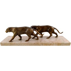 Large Art Deco Figure of Two Panthers in Patinated Bronze on Marble Base