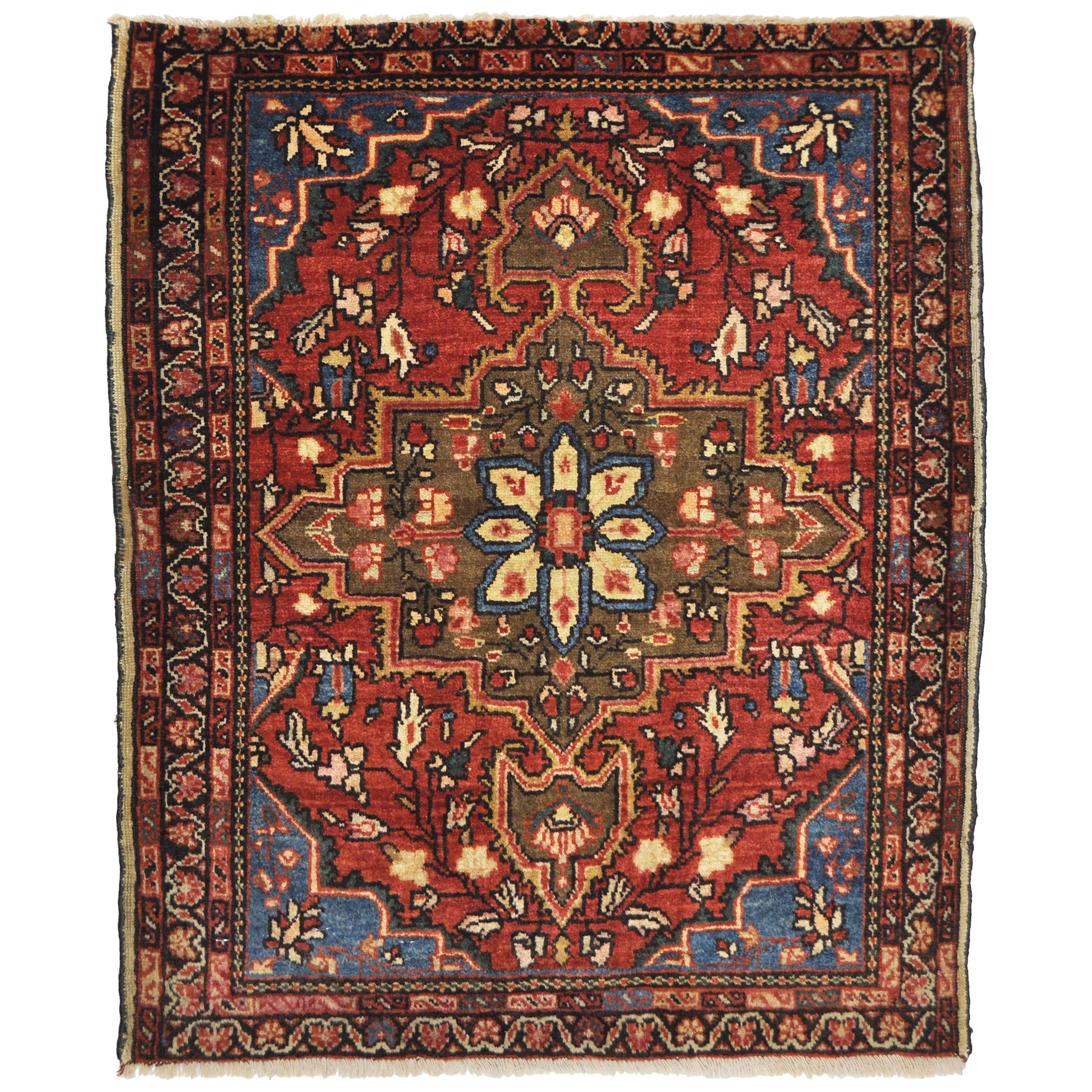 Rug Wool Hand Knotted Blue Red and Beige Teheran For Sale