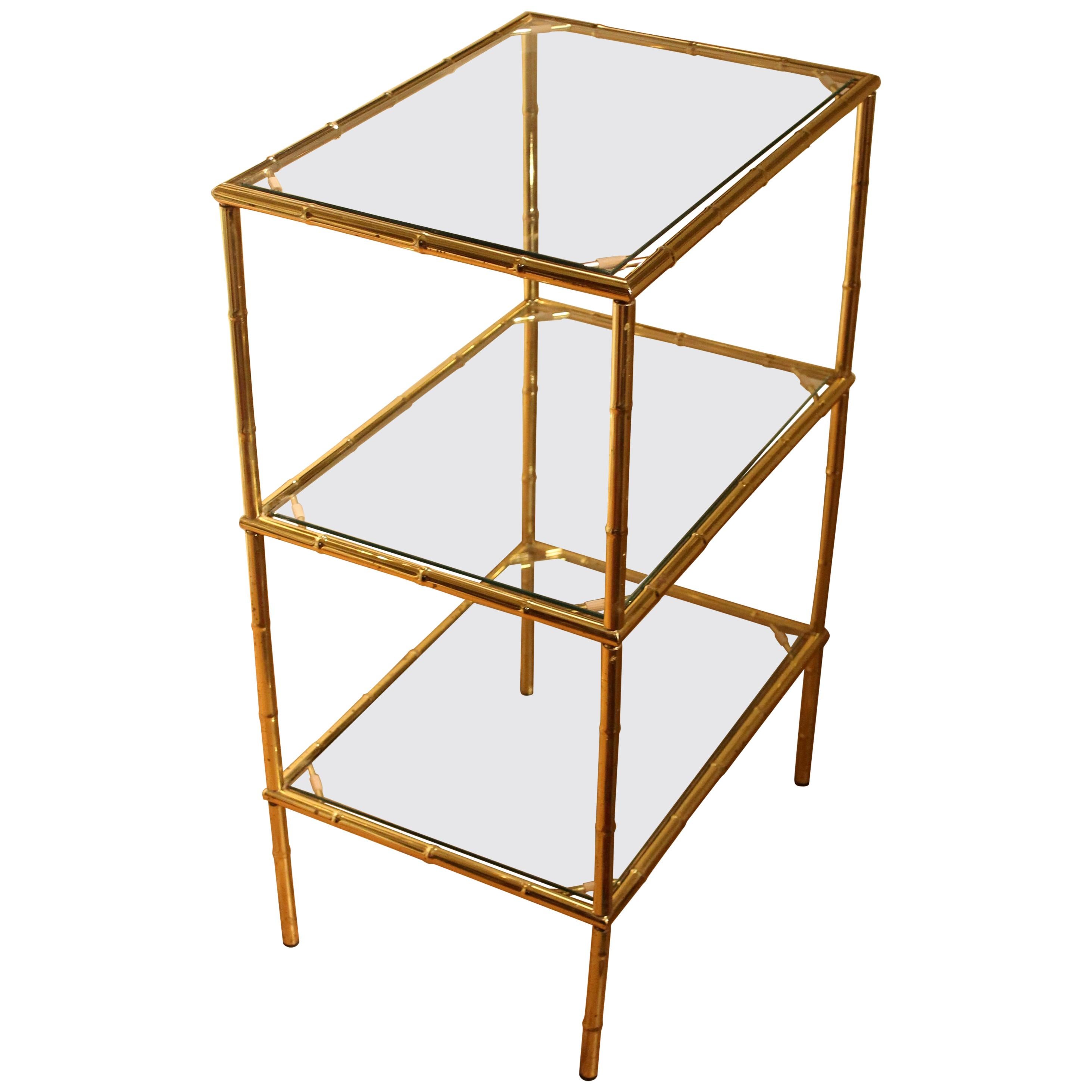 Mid-Century Modern Hollywood Regency Faux Bamboo Gold Metal Three-Tiered Table