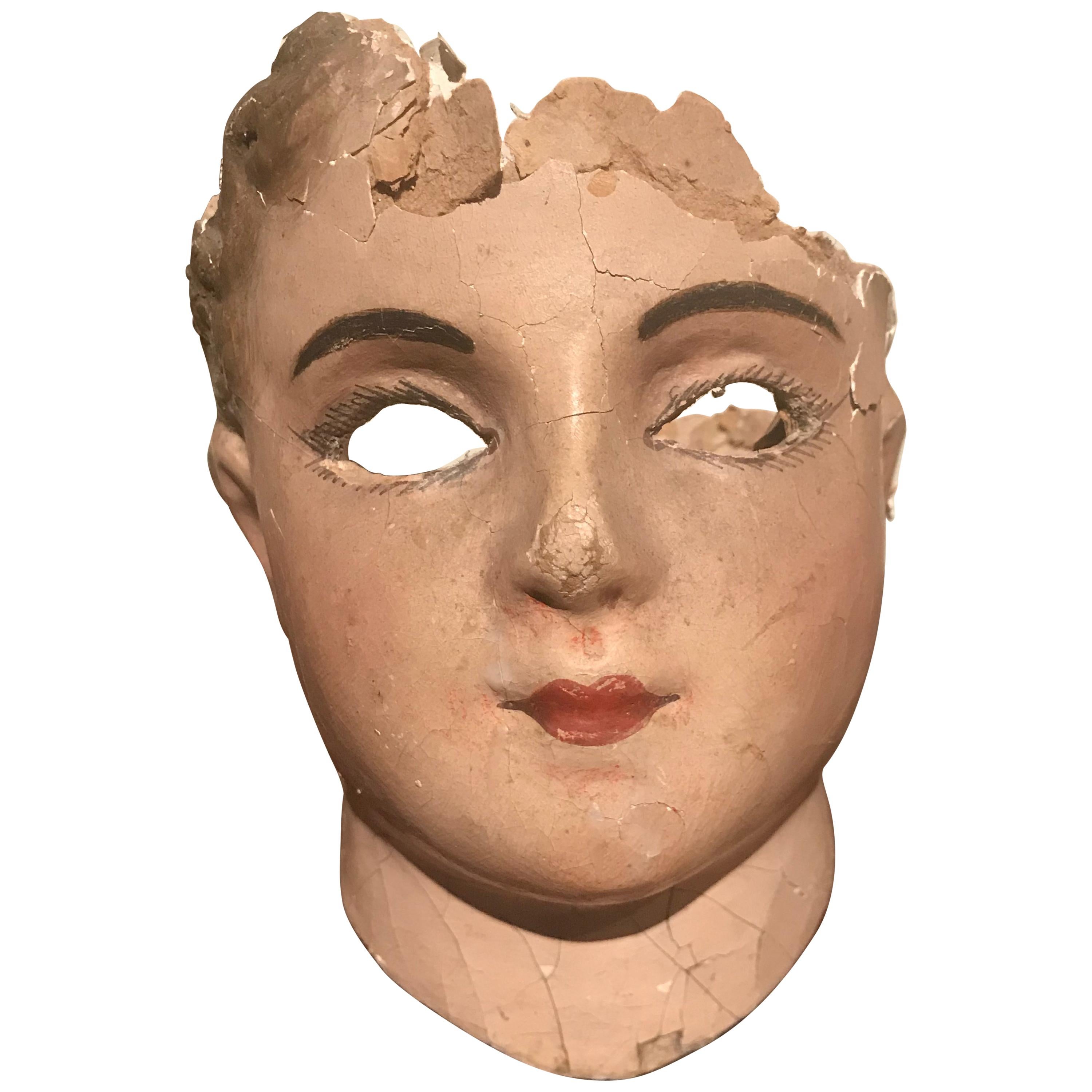 19th Century French Papier Mâché Doll Head For Sale