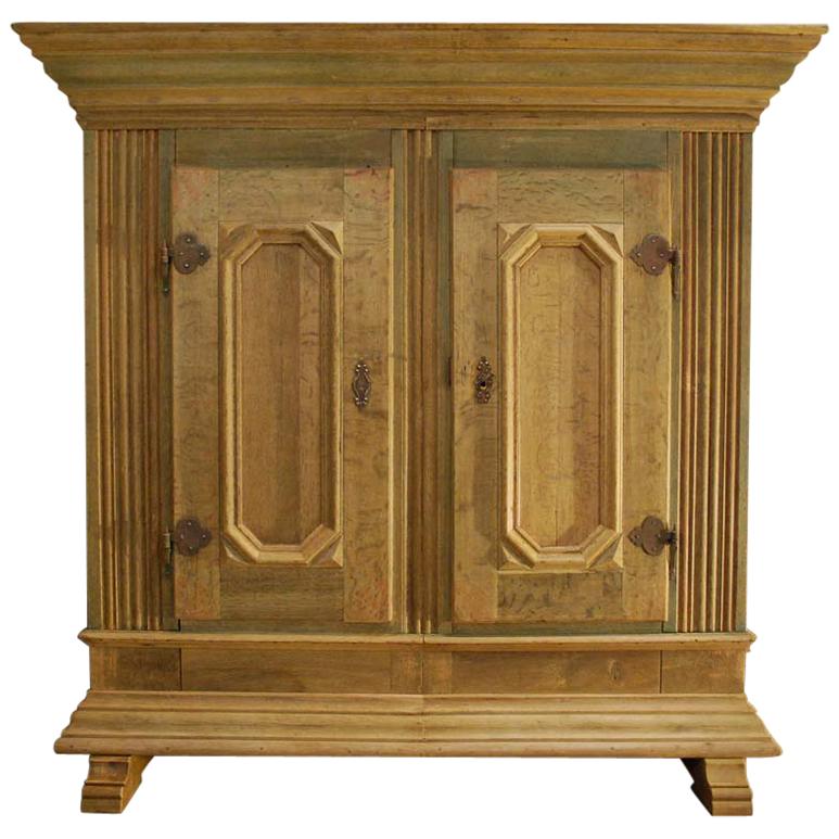 Antique 18th Century Baroque German Cleaned Oak Wood Wardrobe Cabinet