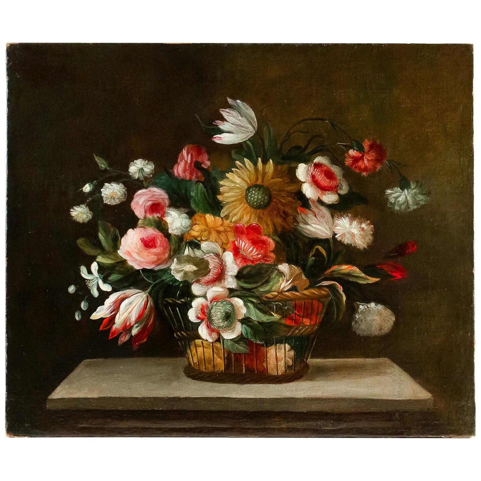 18th Century French School, Oil on Canvas Bouquets of Flowers with Sunflower For Sale