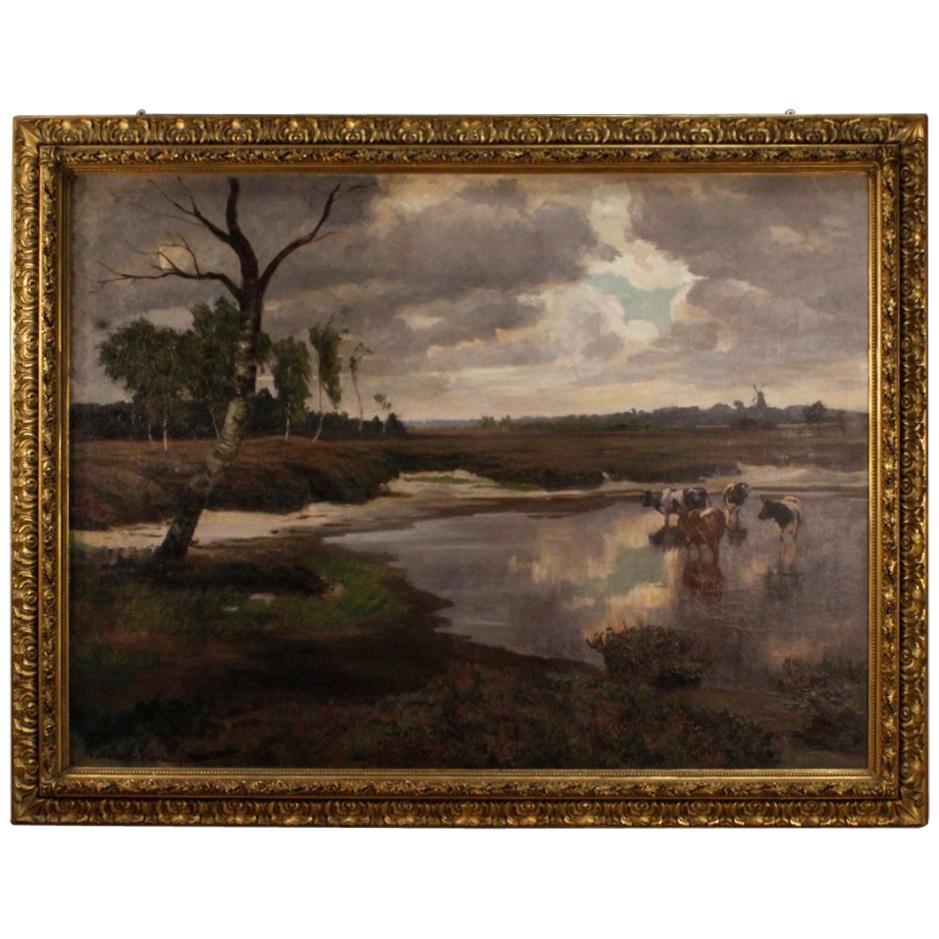 19th Century Oil on Canvas Dutch Signed Landscape Painting, 1880