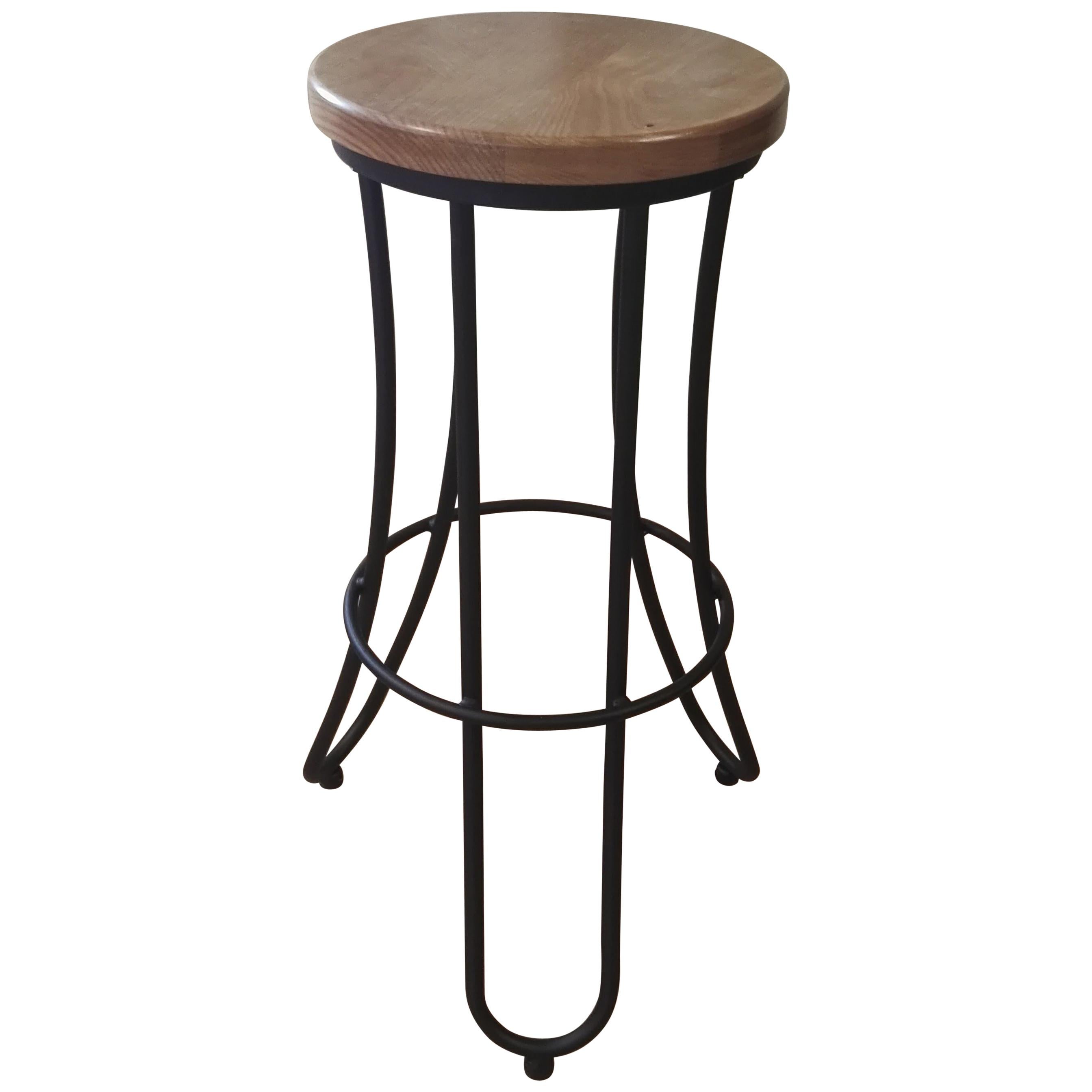 New Industrial Wrought Iron Shop Stool with Oak Seat