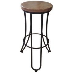 New Industrial Wrought Iron Shop Stool with Oak Seat