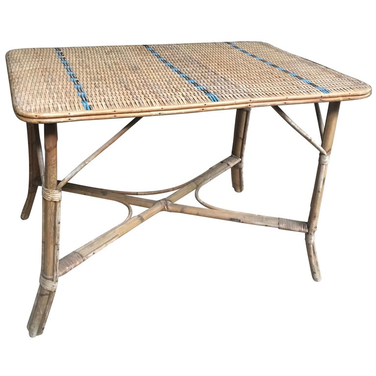 Vintage French Woven Rattan Wicker Table For Sale at 1stDibs
