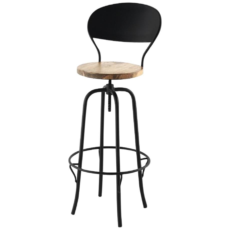New Industrial Wrought Iron Shop Stool with Wood Seat and Back