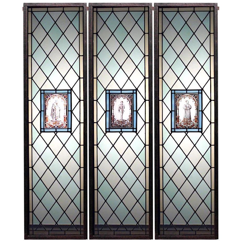 Set of 3 English Renaissance Leaded Glass Windows