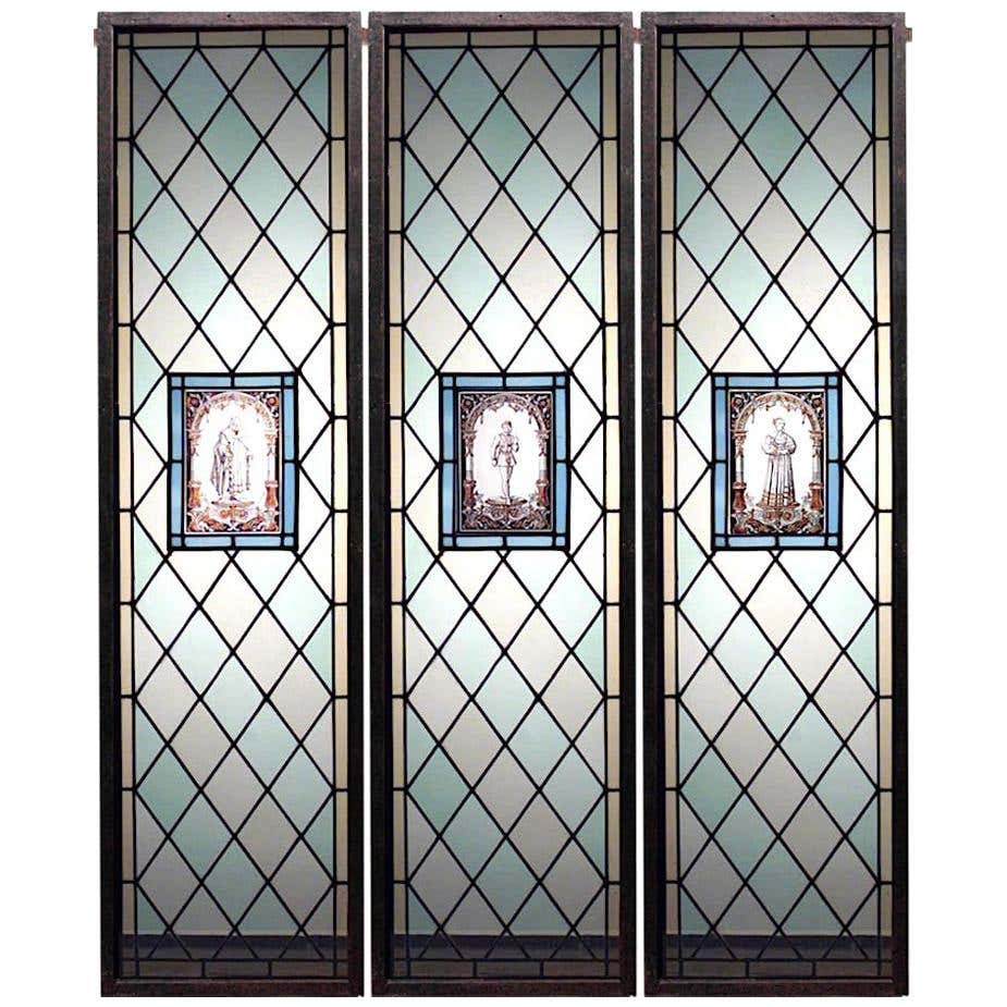 Set of 3 English Arts and Crafts Stained Glass Windows For Sale at 1stDibs