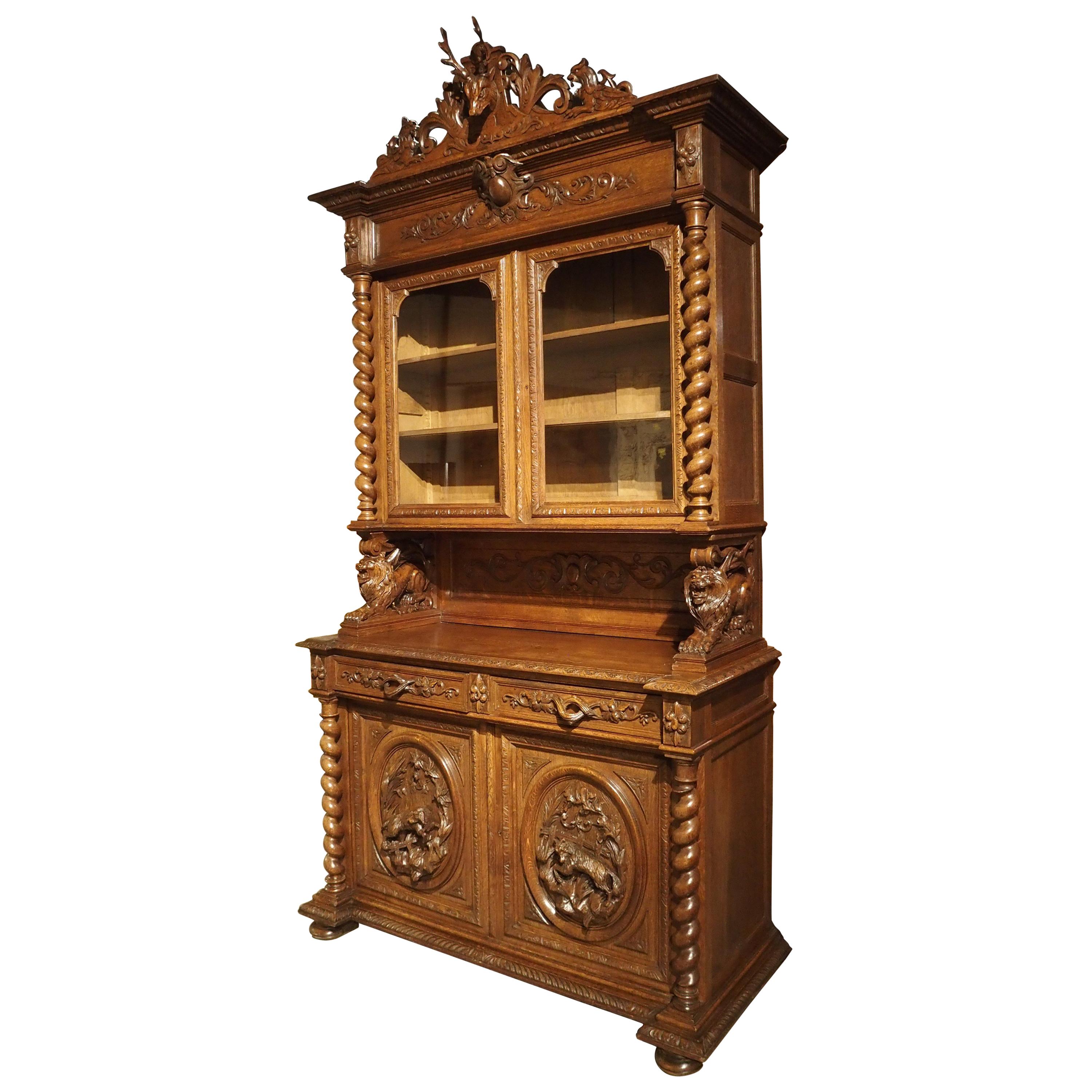 Antique French Oak Black Forest Style Cabinet with Deer Trophy, 19th Century