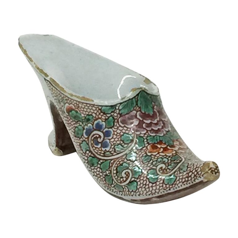 Dutch 18th Century Polychrome Earthenware Shoe Slippery For Sale