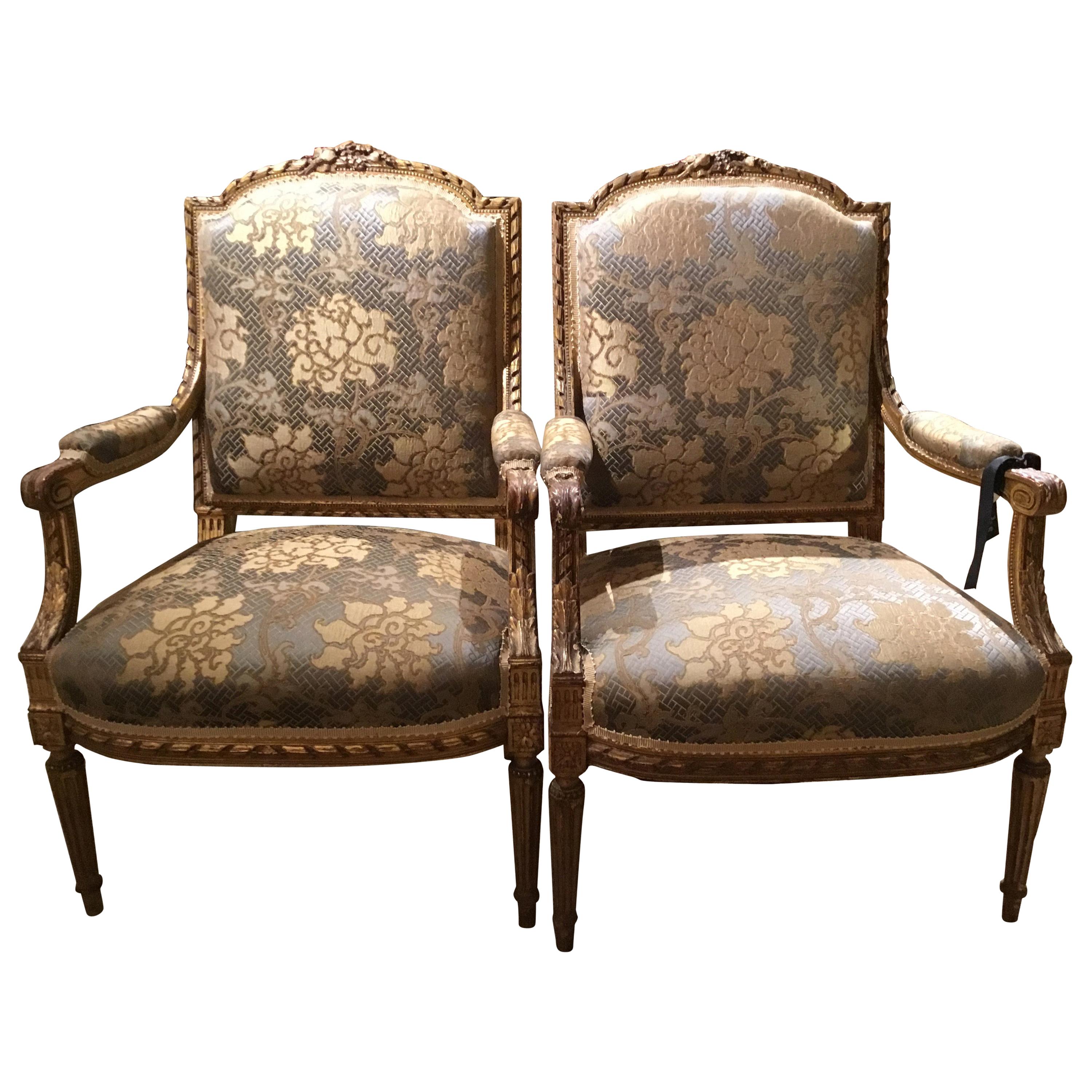 Louis XVI Style Giltwood Fauteuils/Armchairs, 19th Century with Domed Back, Pair