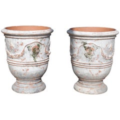 Pair of Antiqued White and Gray Fleur-de-Lys Anduze Pots from France