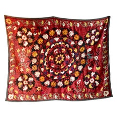 Vintage Suzani Uzbek Textile Red Yellow and Black Embroidery on Silk