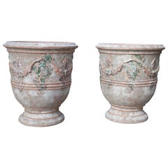 Pair of Antiqued Classic Fleur-de-Lys Anduze Pots from France