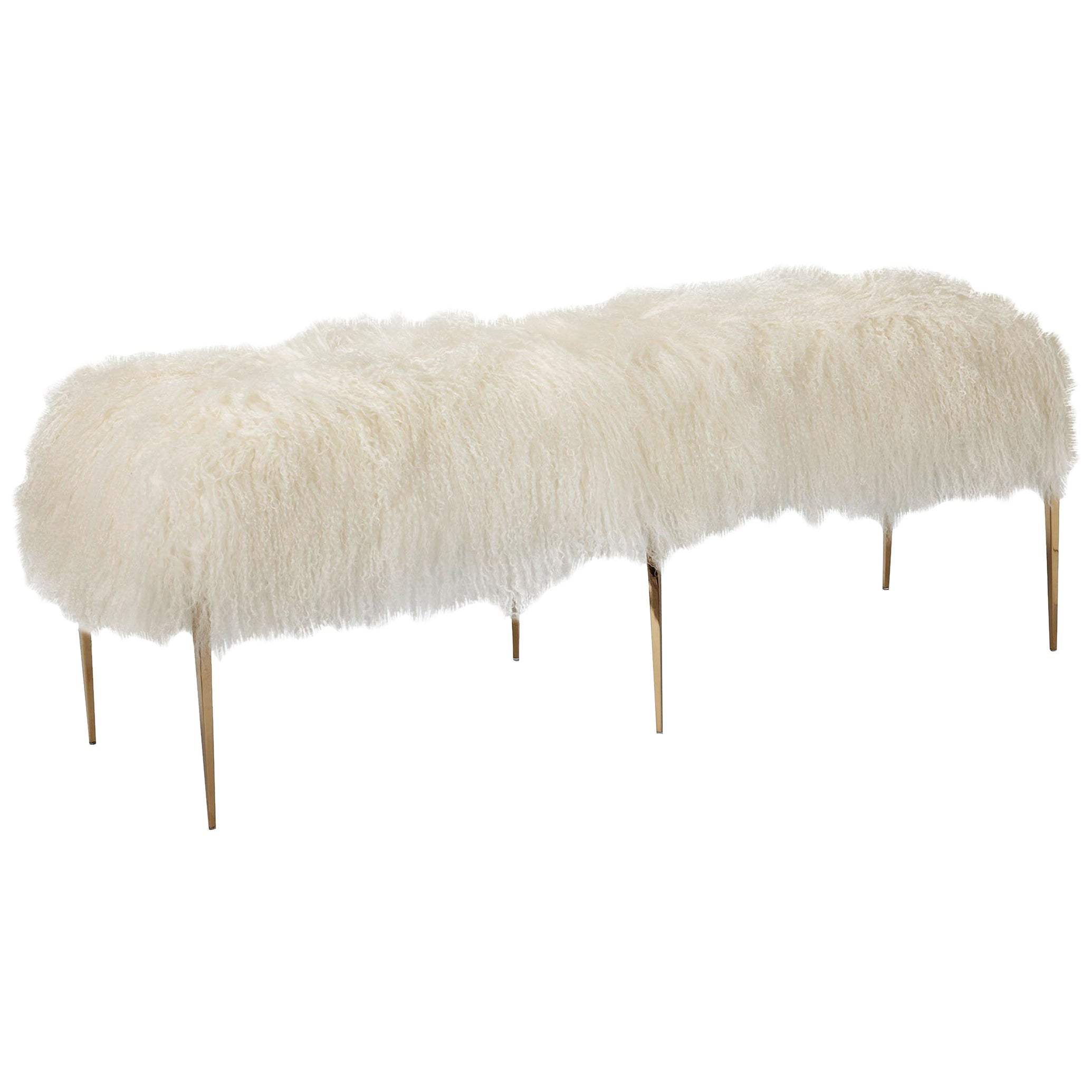 Sheepskin Bench In Ivory With Polished Brass Stiletto Legs For