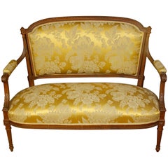 Settee Louis XVI en bois de hêtre et soie de damas