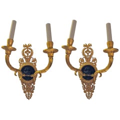 Pair of Waldorf Astoria Empire Gold Gilt and Black Lion Head Brass Sconces