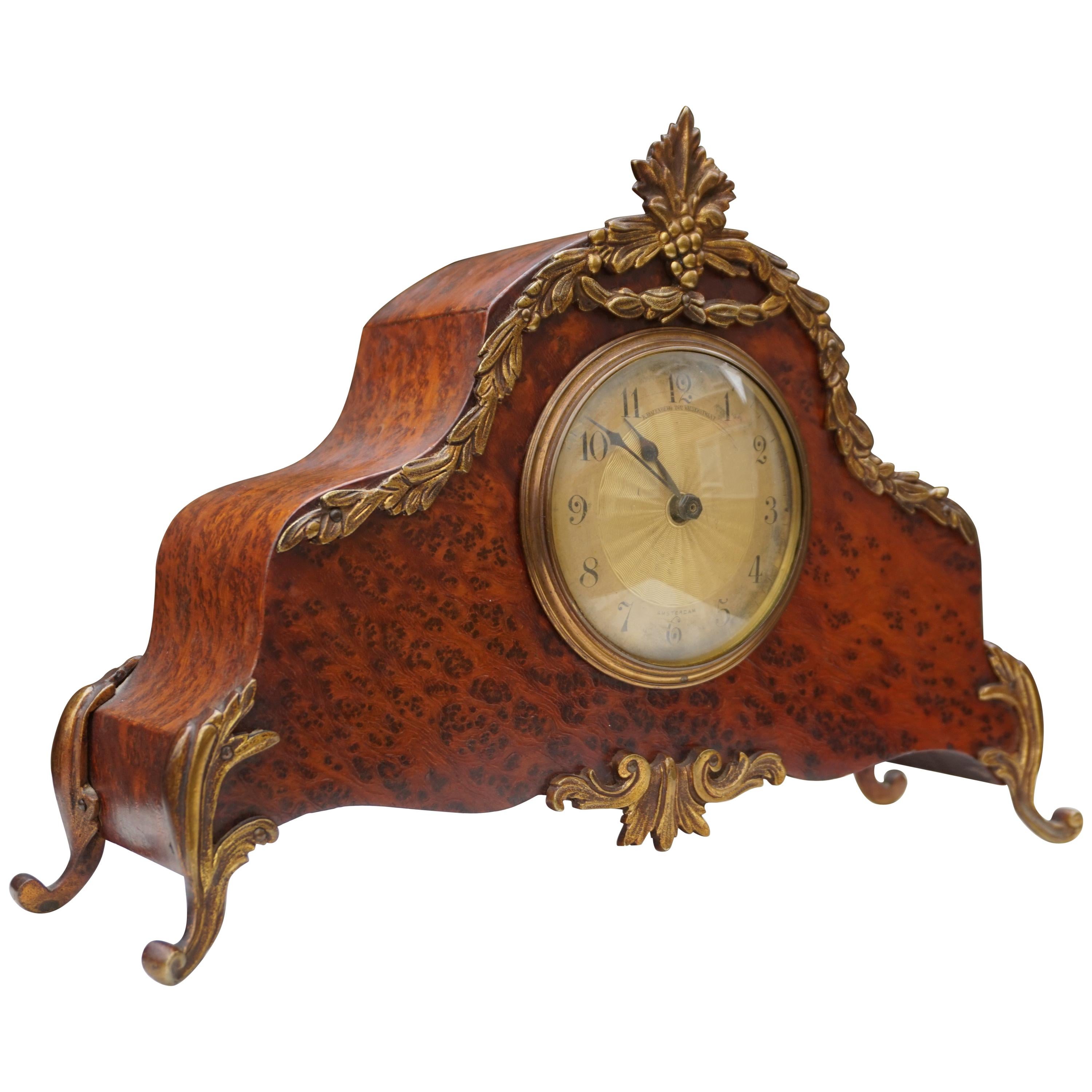 Stunning Burl Walnut Table or Mantel Clock with Stylish Bronze Feet & Ornaments