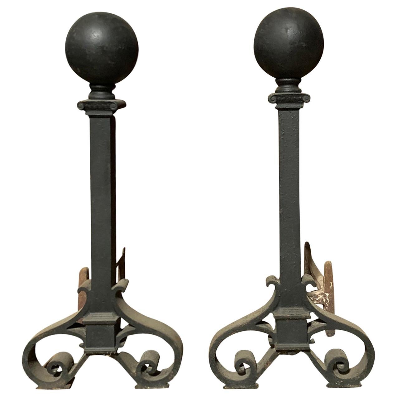 Pair of Large circa 1900 Iron Andirons, Ball Finials