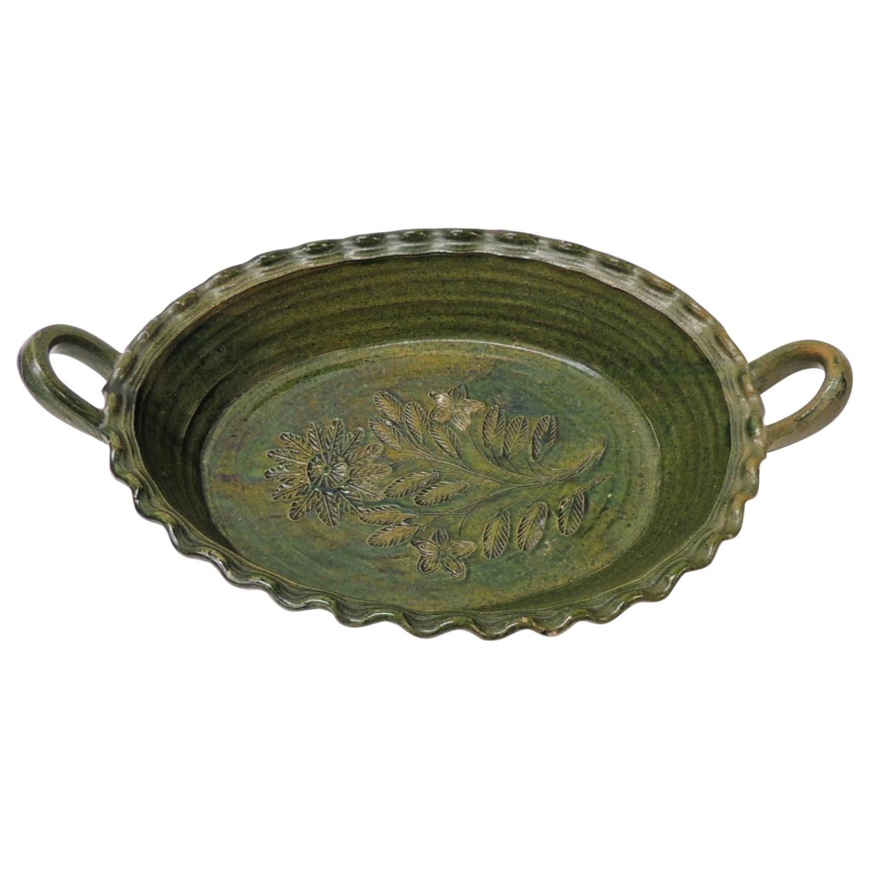 Large Vintage Provincial Green Glazed Terracotta Oval Serving Bowl