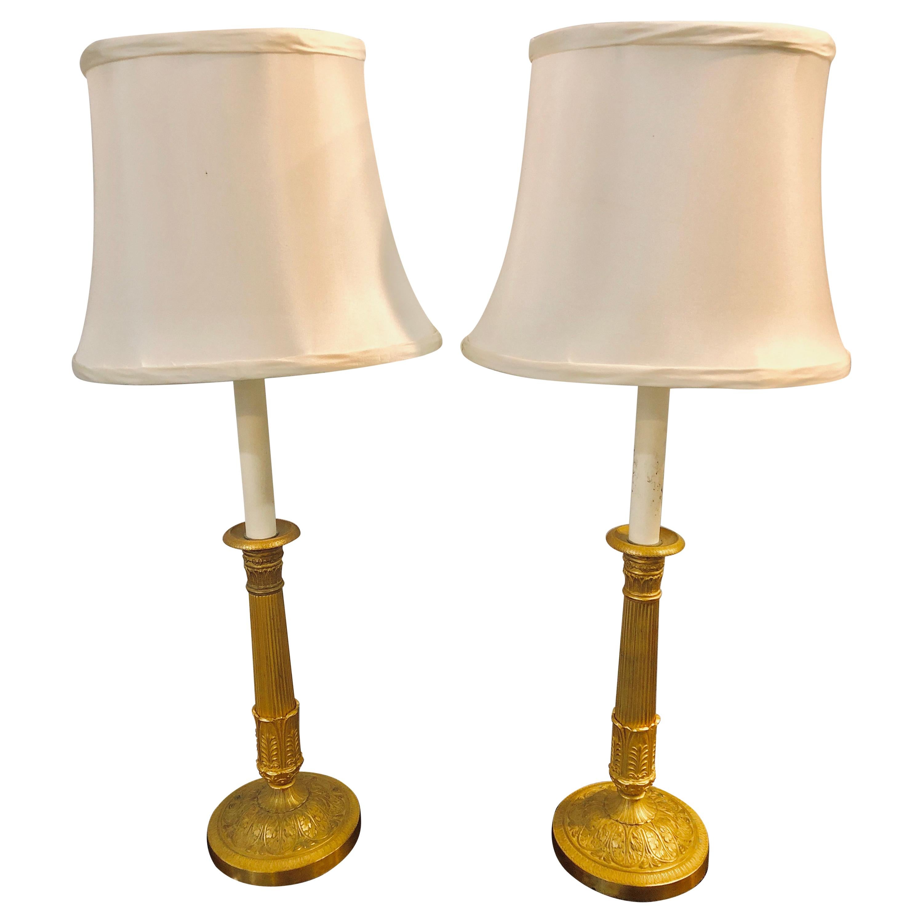 Pair of Empire Bronze Candleprick 19th Century Table Lamps with Custom Shades