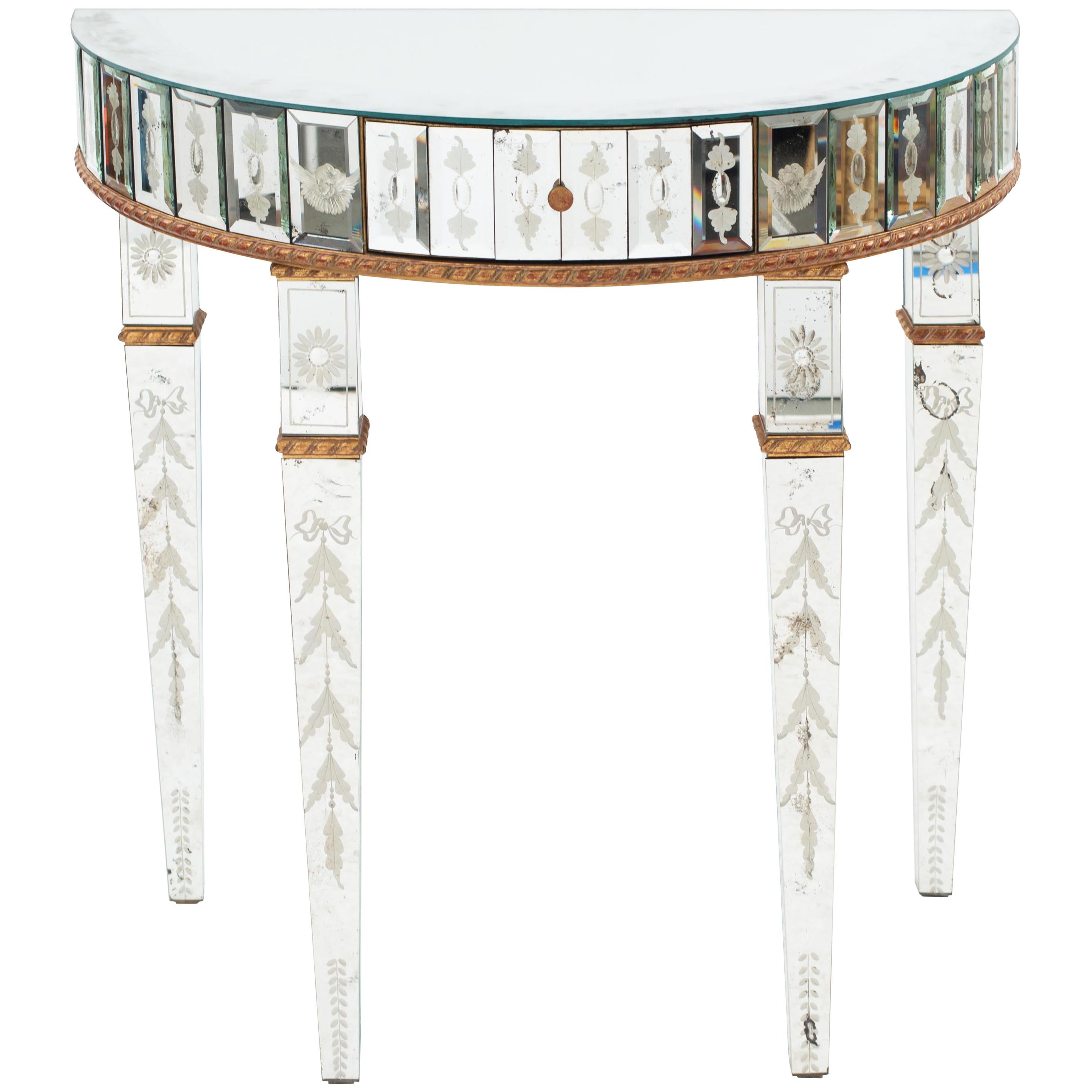 Pair of Italian Neoclassic Style Mirrored Demilune Console Tables